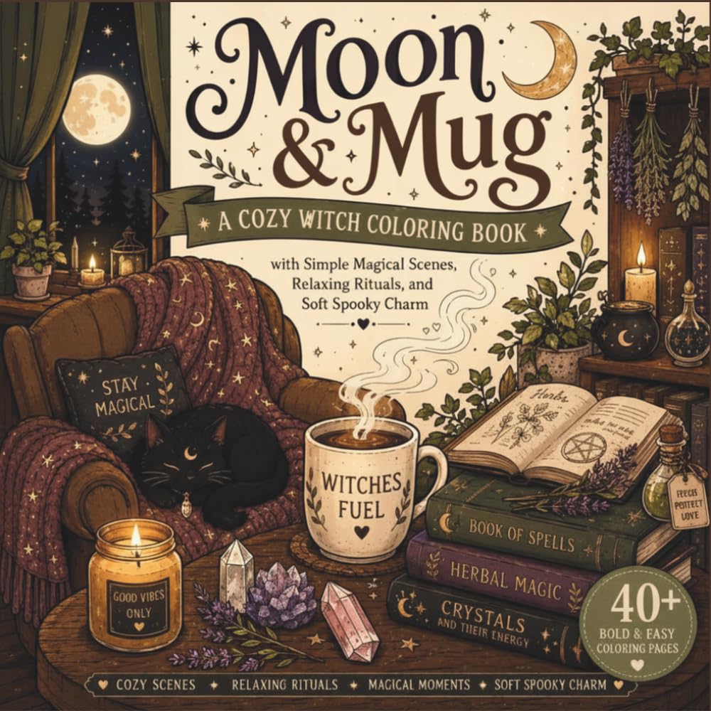 Moon & Mug: A Cozy Witch Coloring Book: Simple Magical Scenes for Relaxation, Self-Care, and Cozy Witchy Vibes