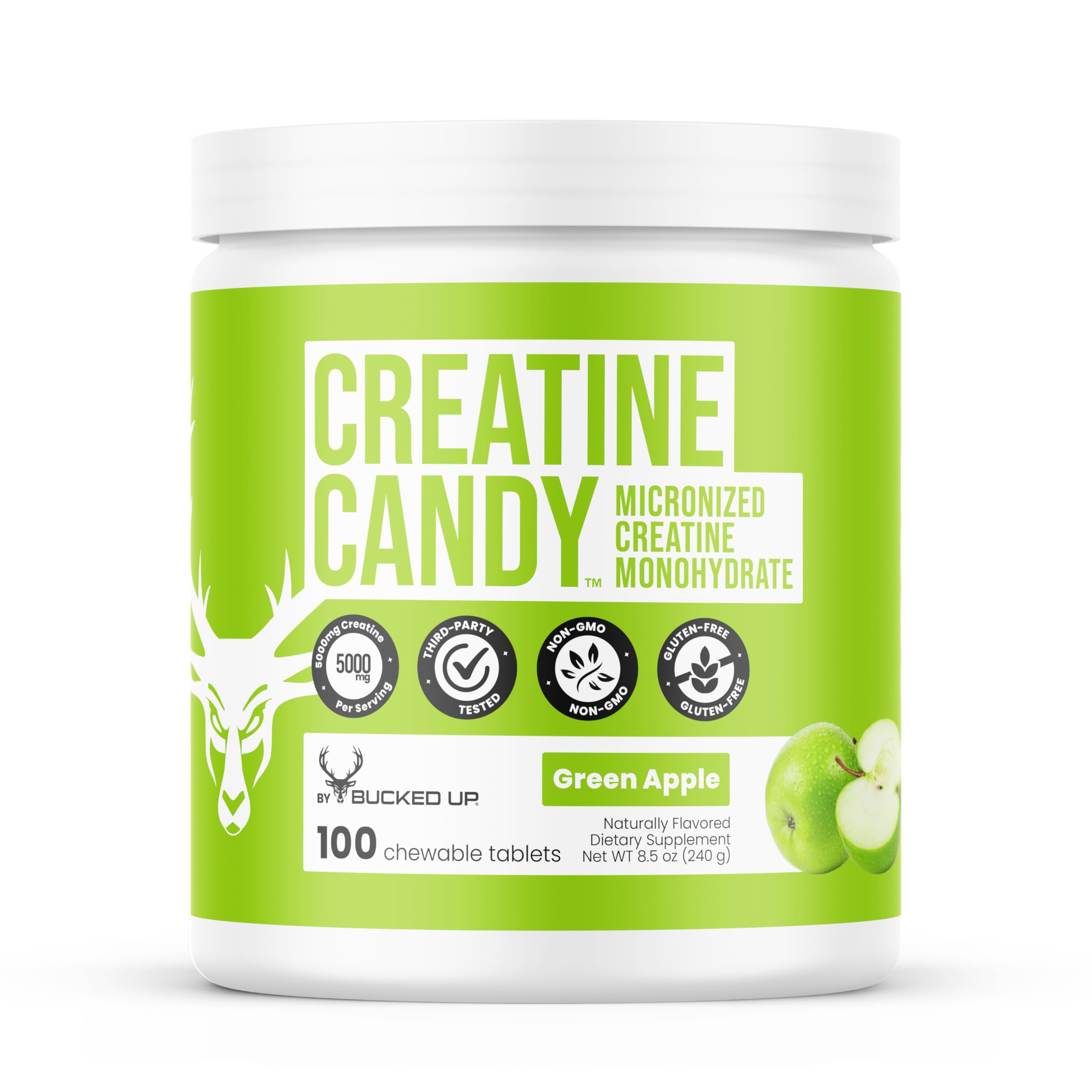 Bucked Up Creatine Candy Green Apple | Micronized Creatine Monohydrate | 120 Chewable Tablets, 24 Servings | Fizzy Creatine No Water Needed | Non GMO Gluten Free Third Party Tested