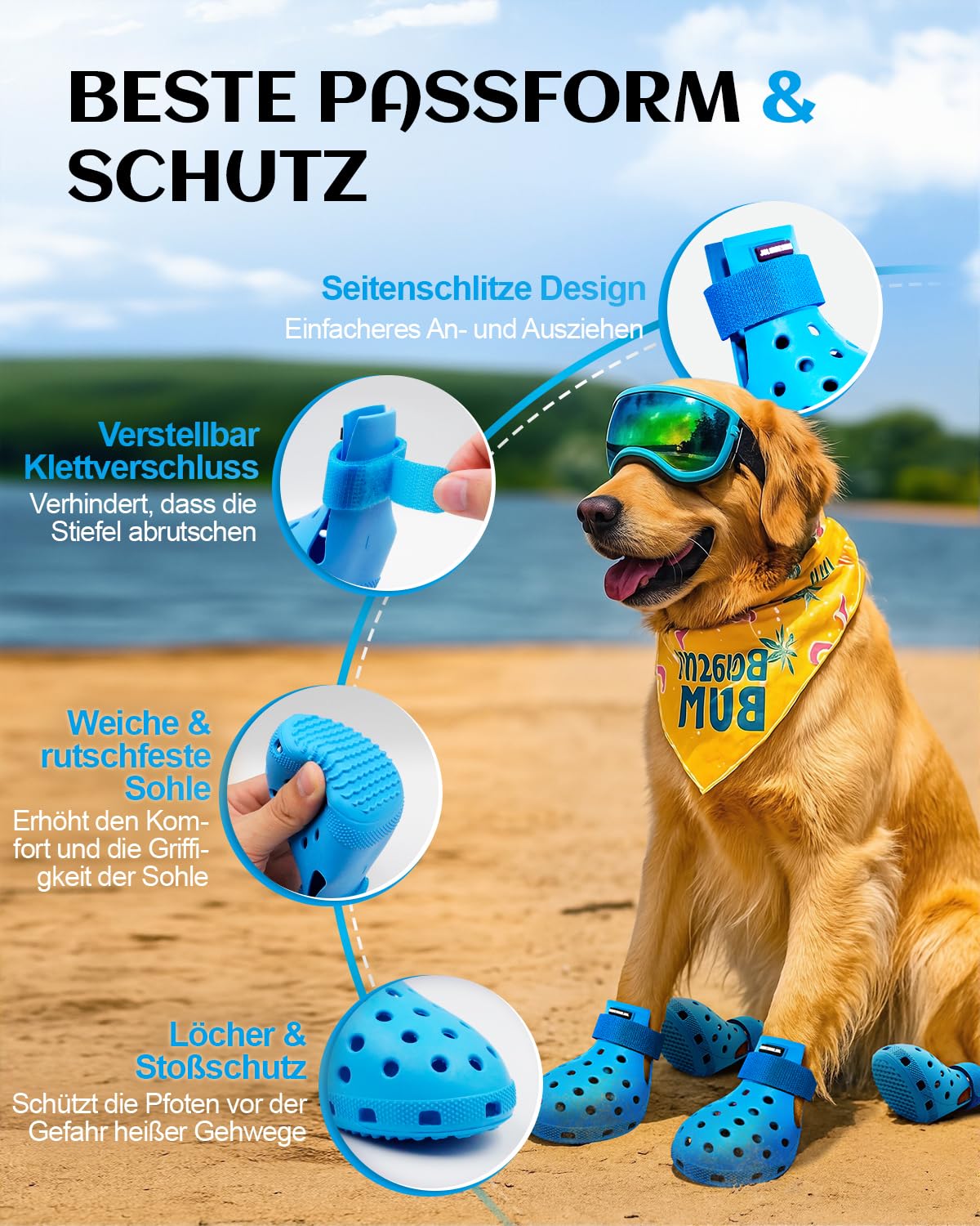 Scarpe per cani per pavimenti caldi - Stivali per cani di taglia piccola, media e grande, stivali per cani protezioni per zampe, facili da mettere e togliere, antiscivolo, impermeabili, scarpette per