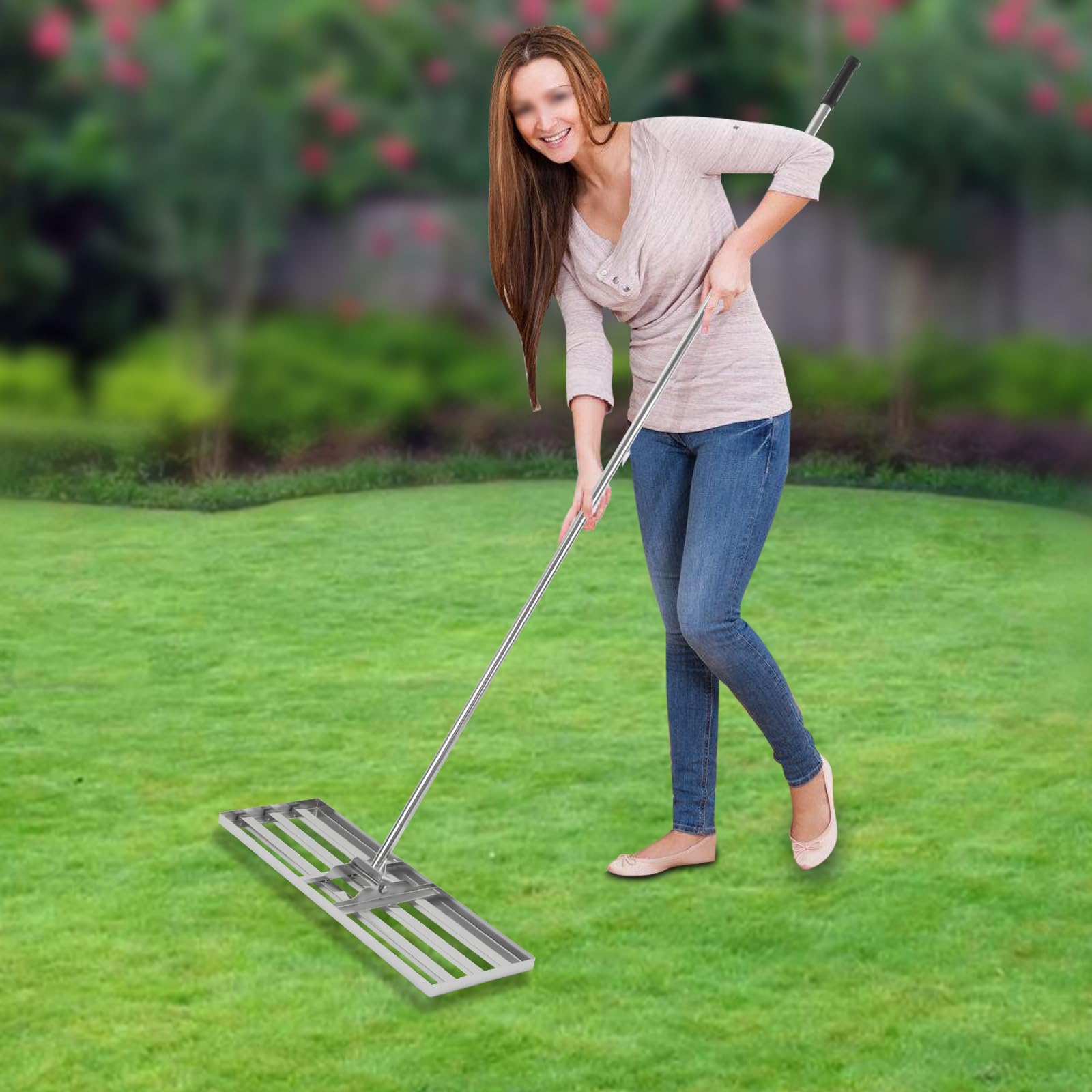Rasen-Nivellieren Harke, Garten Rasenschaber mit Stiel - Einstellbare Länge, Rasenschaber aus Edelstahl für Hof Garten, Golfplatz, Rechen Vertikutierer - Um 180° Drehbar