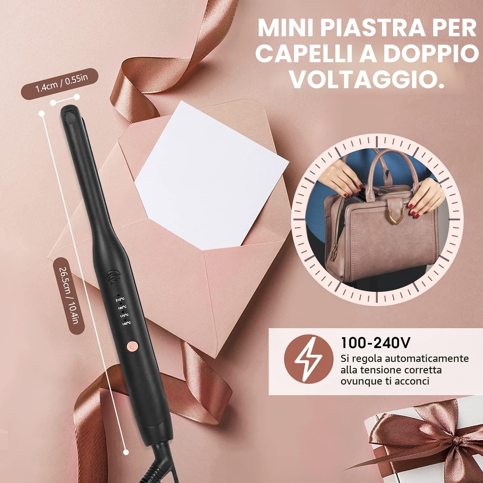 2in1 Mini Piastre per Capelli Corti in Ceramica, Mini Piastra per Capelli Corti, Portatile, Temperatura Regolabile 150℃-210℃, Doppia Tensione, Adatta per Uomini e Donne, Nero