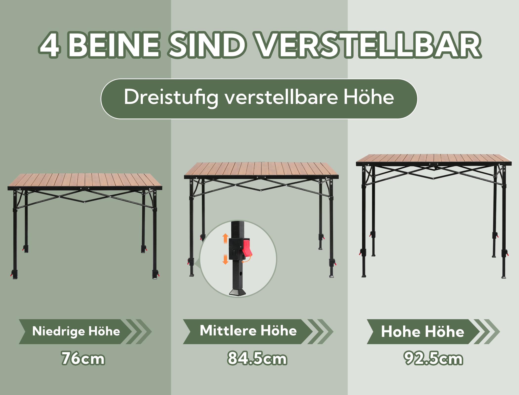 Campingtisch klappbar höhenverstellbar bis 100 kg, 120x70 cm für 6 Personen | 3-fach einstellbare Höhe Stabil Klapptisch Camping Alu Roll Up Camping Tisch für Camping, Garten, Balkon, Picknick, Holzoptik