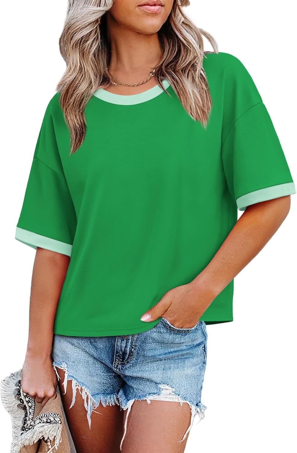 WIHOLL Womens T Shirts Loose Fit Short Half Sleeve Crew Neck Oversized Tshirts Color Block Summer Tops Fashion 2026