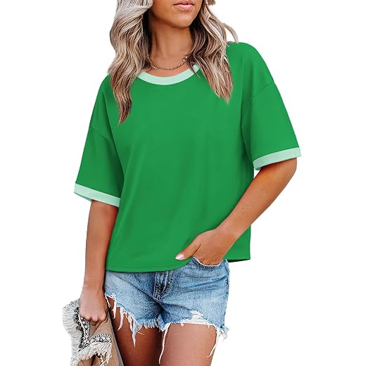 WIHOLL Womens T Shirts Loose Fit Short Half Sleeve Crew Neck Oversized Tshirts Color Block Summer Tops Fashion 2026