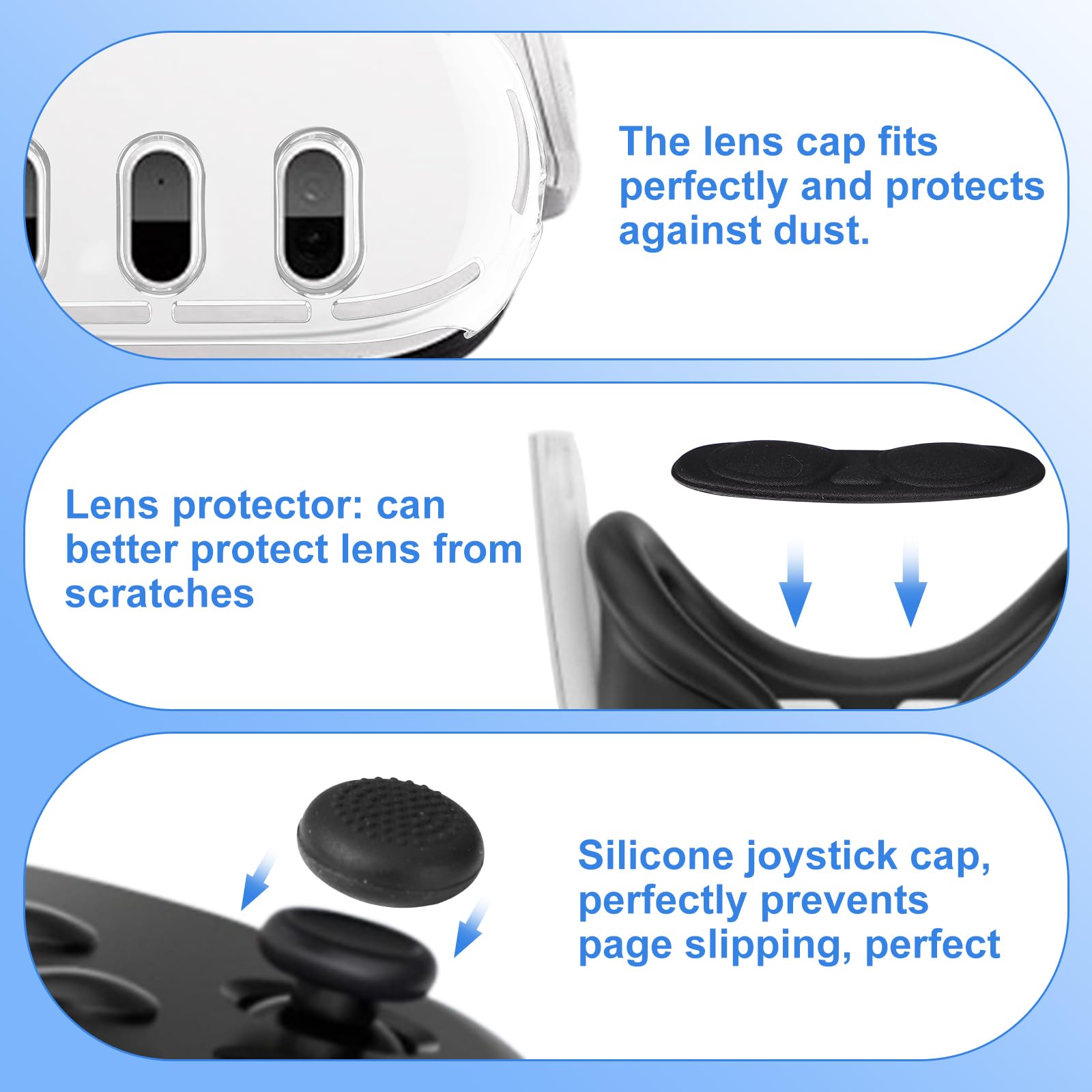 Accessoires VR pour Meta Quest 3, Anti-Rayures Coque de Protection Coque Protecteur d'Objectif en Verre Trempé Capuchons de Joystick Ensemble Compatible avec Oculus Quest 3