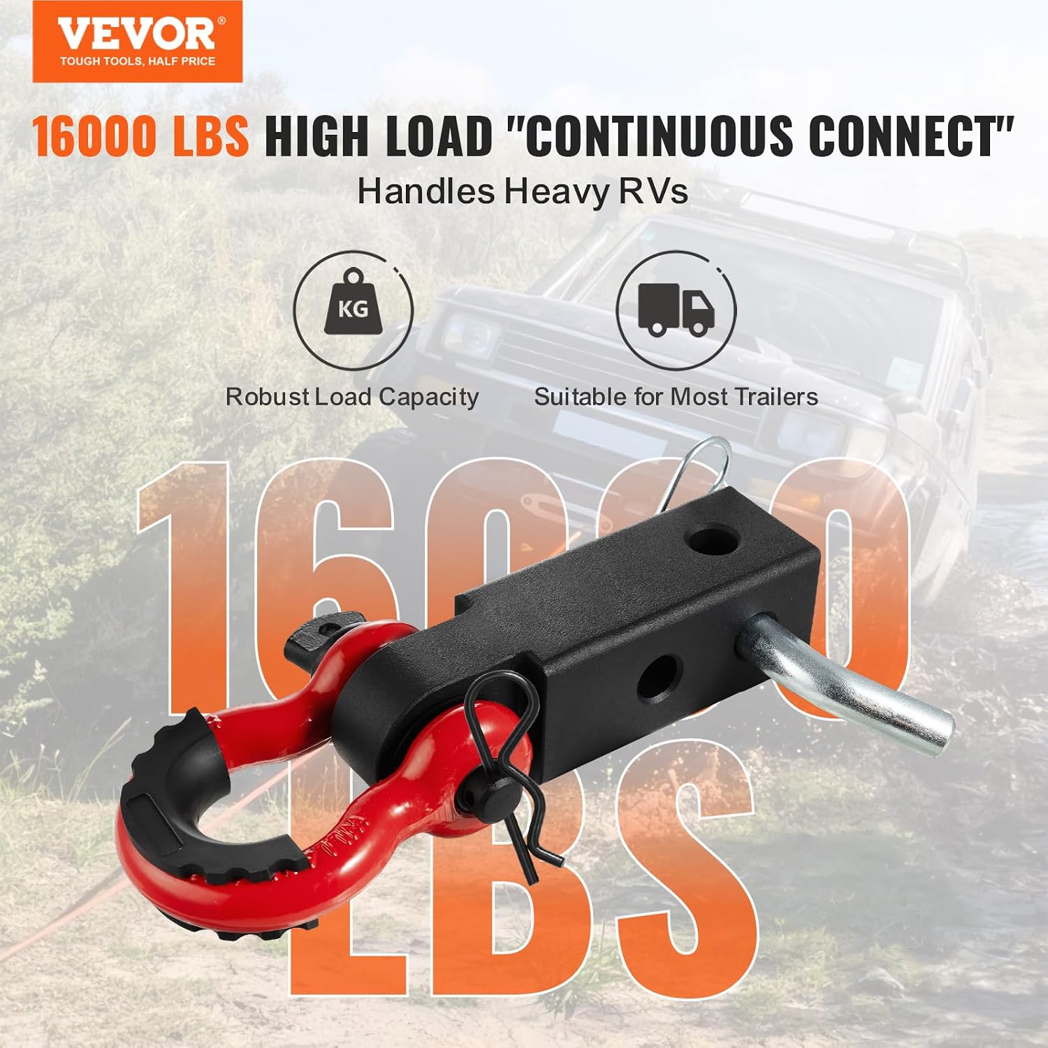 VEVOR Shackle Hitch Receiver 2", Aluminum Alloy 66000 lbs Breaking Strength Heavy Duty Receiver with 3/4" D Ring Shackle 5/8" Screw Pin Towing Accessories for Trucks, Jeeps, Off-Road Vehicle Recovery