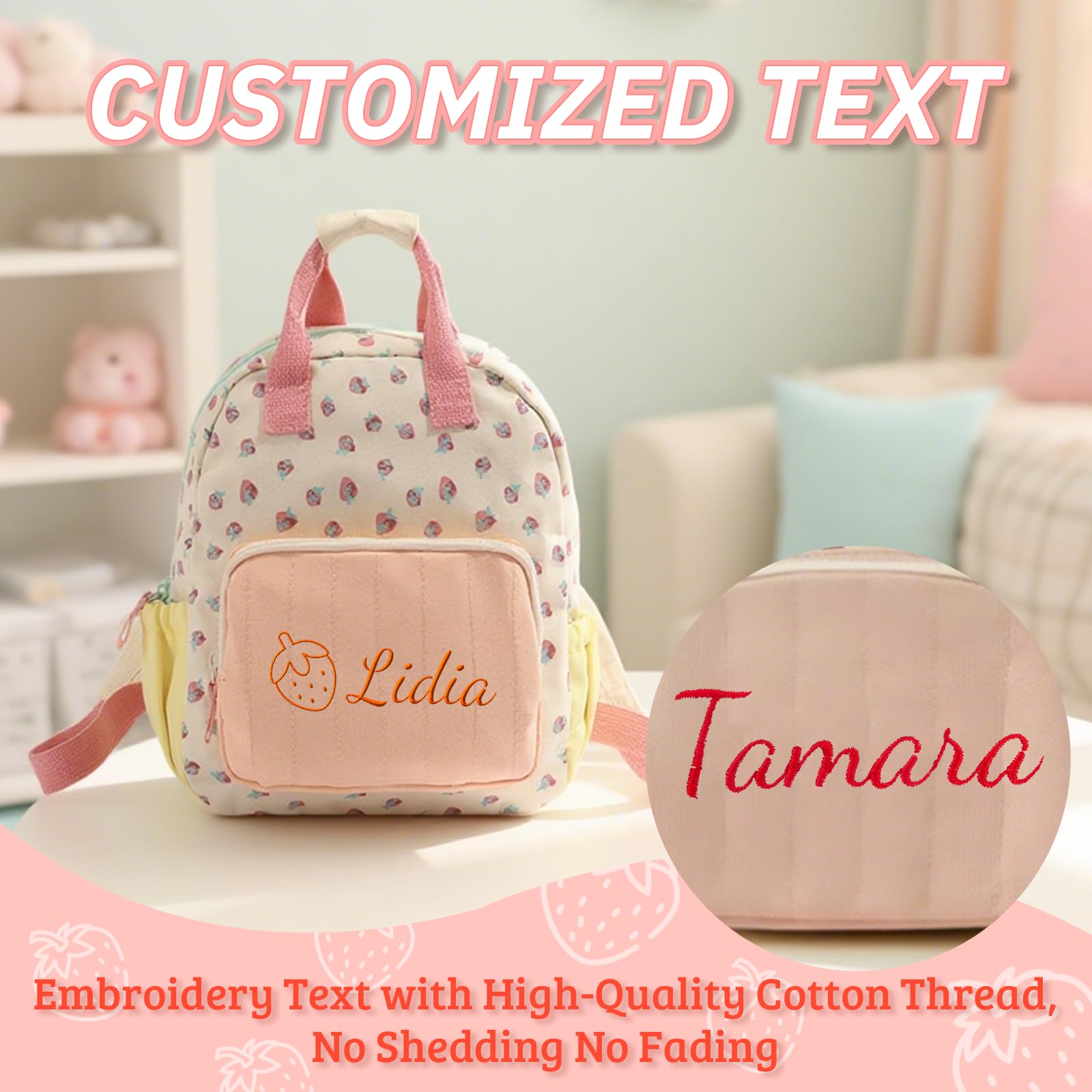 Generico Zainetto Bambina Personalizzato con Nome Ricamato, Mini Zaino Bambina 23x28cm, Zaino Personalizzato a Design Fragola per Bambine 2-5 Anni
