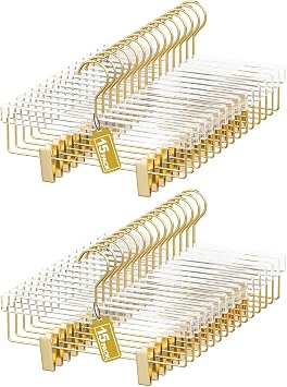Clear Gold Acrylic Pants Hangers 30 Pack with Adjustable Clips | Non-Slip & Heavy Duty Hangers for Pants, Skirts, Jeans, Trousers, Scarves, Adults & Kids, Clothing Closet Storage