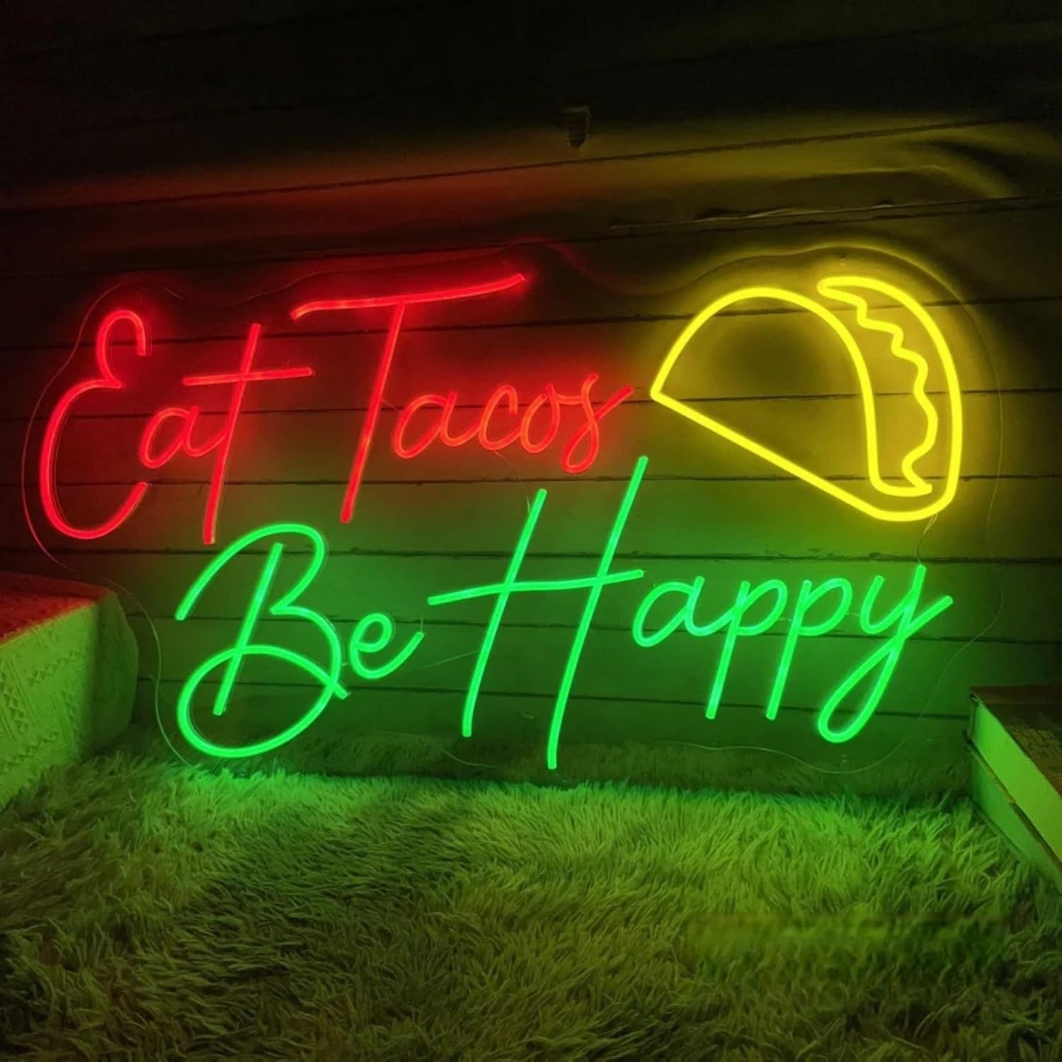 Eat Tacos Be happy Neon Sign, Custom Mexican Restaurant Decor LED Neon Light Kitchen Coffee Bar Shop Wall Taco Party Decoration Food Sign, Street food neon sign, Best Gifts, Fast food neon Light