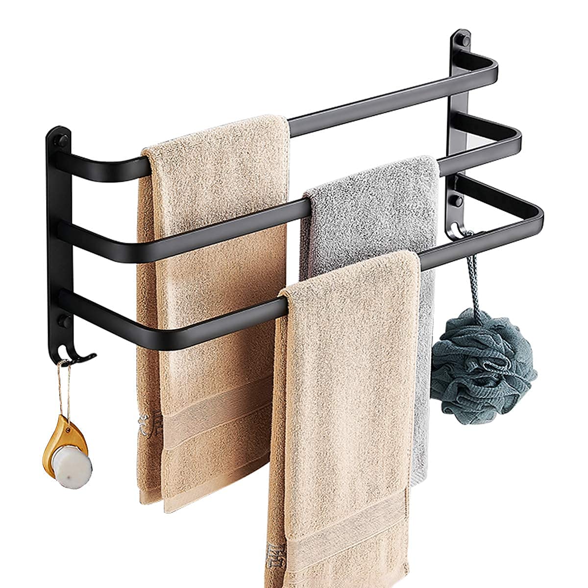 Toallero de baño negro de 80 cm en aluminio con ganchos para pared