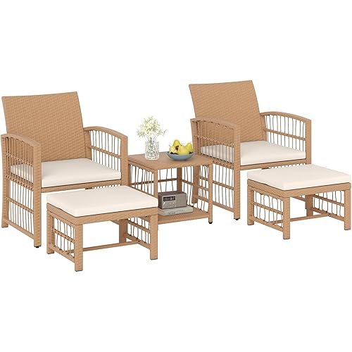 Tangkula 5 Pieces Patio Wicker Conversation Set, Outdoor Furniture Set with 2 Armchairs, 2 Ottomans & 2-Tier Side Table, Outside Rattan Cushioned Sofa Set for Deck, Backyard, Porch or Poolside