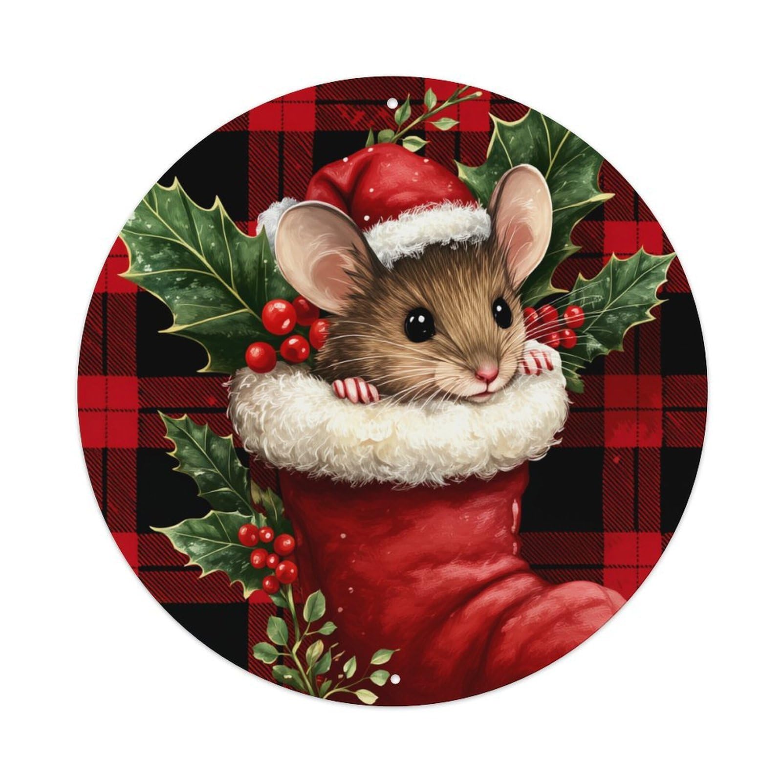 Christmas Mouse In Stocking With Holly Round Tin Sign Retro Metal Sign for Cafe Bar Pub Home Game Room Gym Club Wall Decoration Vintage Metal Poster 8x8 Inch