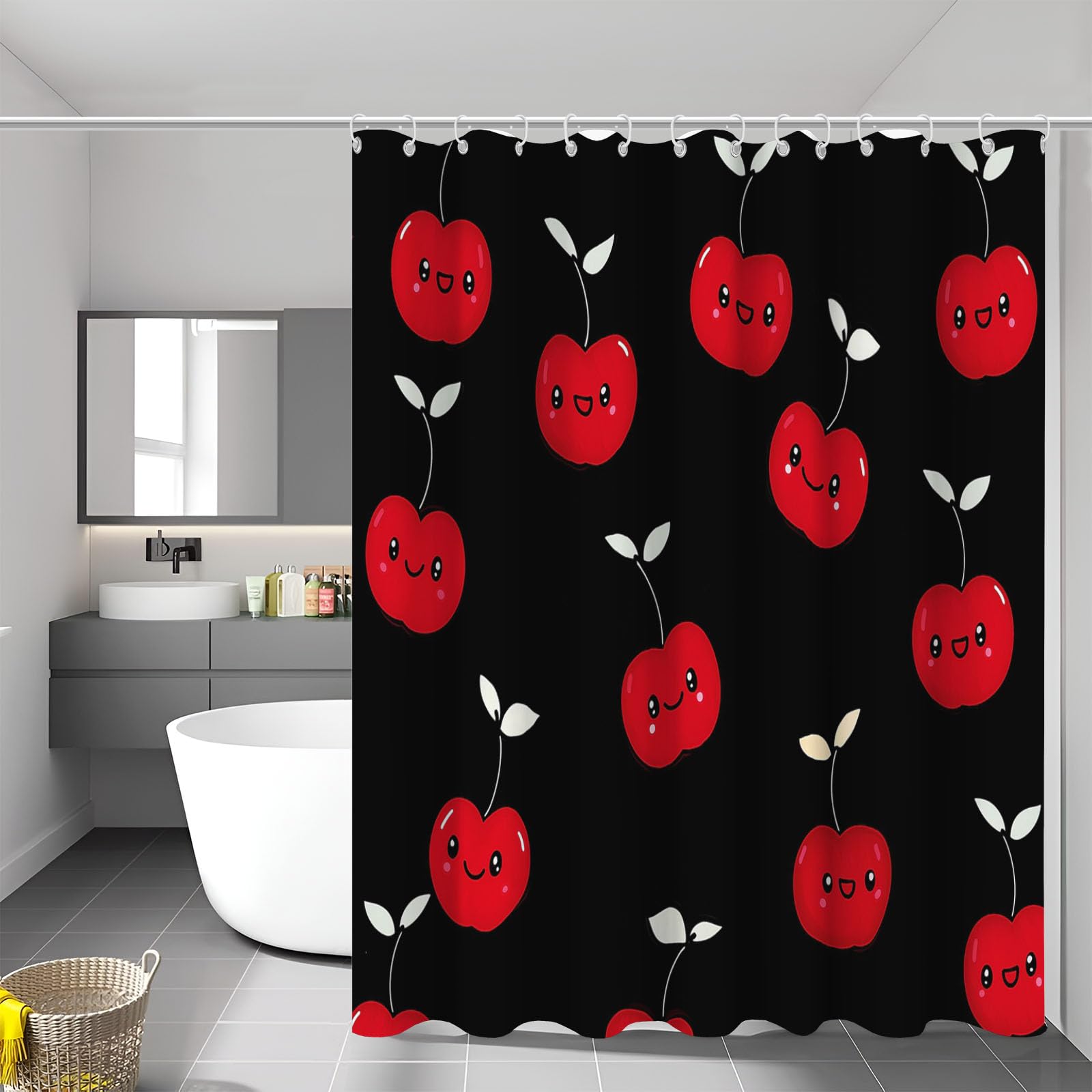 Rideau douche rouge noir plante simple pour ambiance cosy