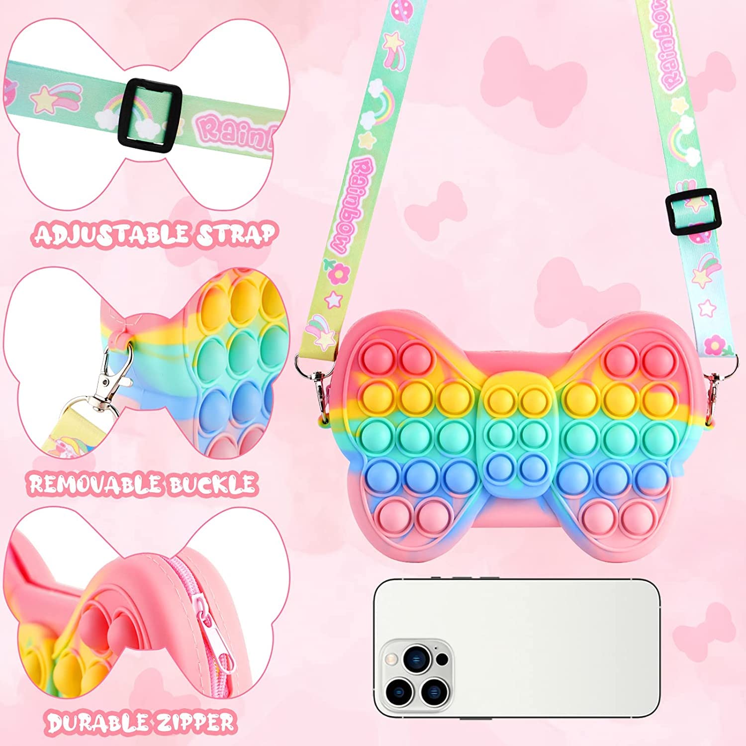 Party Propz Pop It Bag for Girls - Rainbow Butterfly Pop It Pouch | Silicone Popit Bag for Girls, Women, Kids | Return Gift for Kids | Cross Body Sling Bag Purse for Girls Kids | Kids Purse for Girls - Image 2 thumbnail
