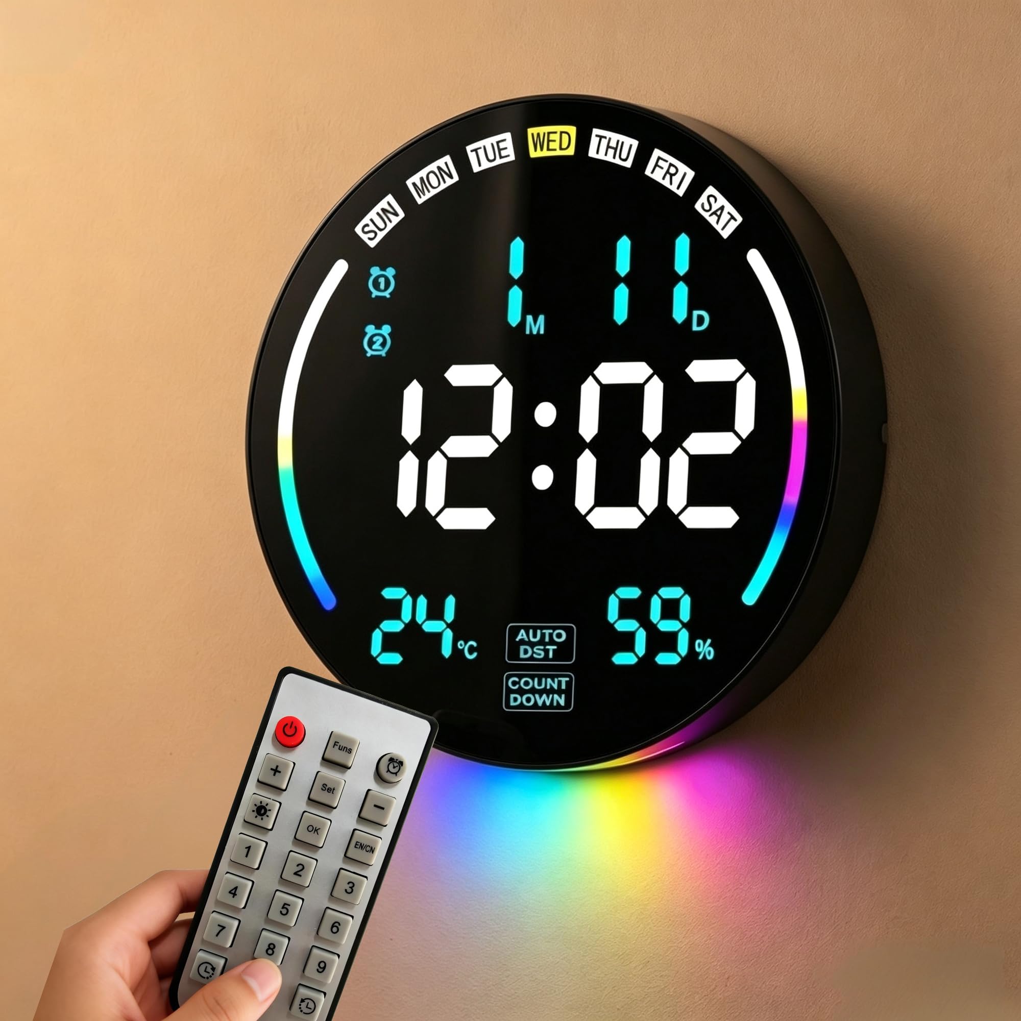 Grande orologio da parete digitale con data, timer, dimmer, temperatura, umidità, ora diurna automatica, decorazione per soggiorno, camera da letto, ufficio, palestra, garage (blu)