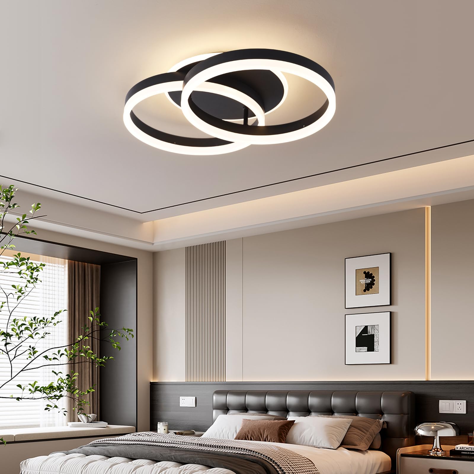 Smart Plafoniera LED Alexa, φ50 cm Design 2 Ring, Lampada da Soffitto 36W, Dimmerabile con Telecomando, Metallo+Acrilico, per Cucina, Camera da letto, Sala da Pranzo Nero