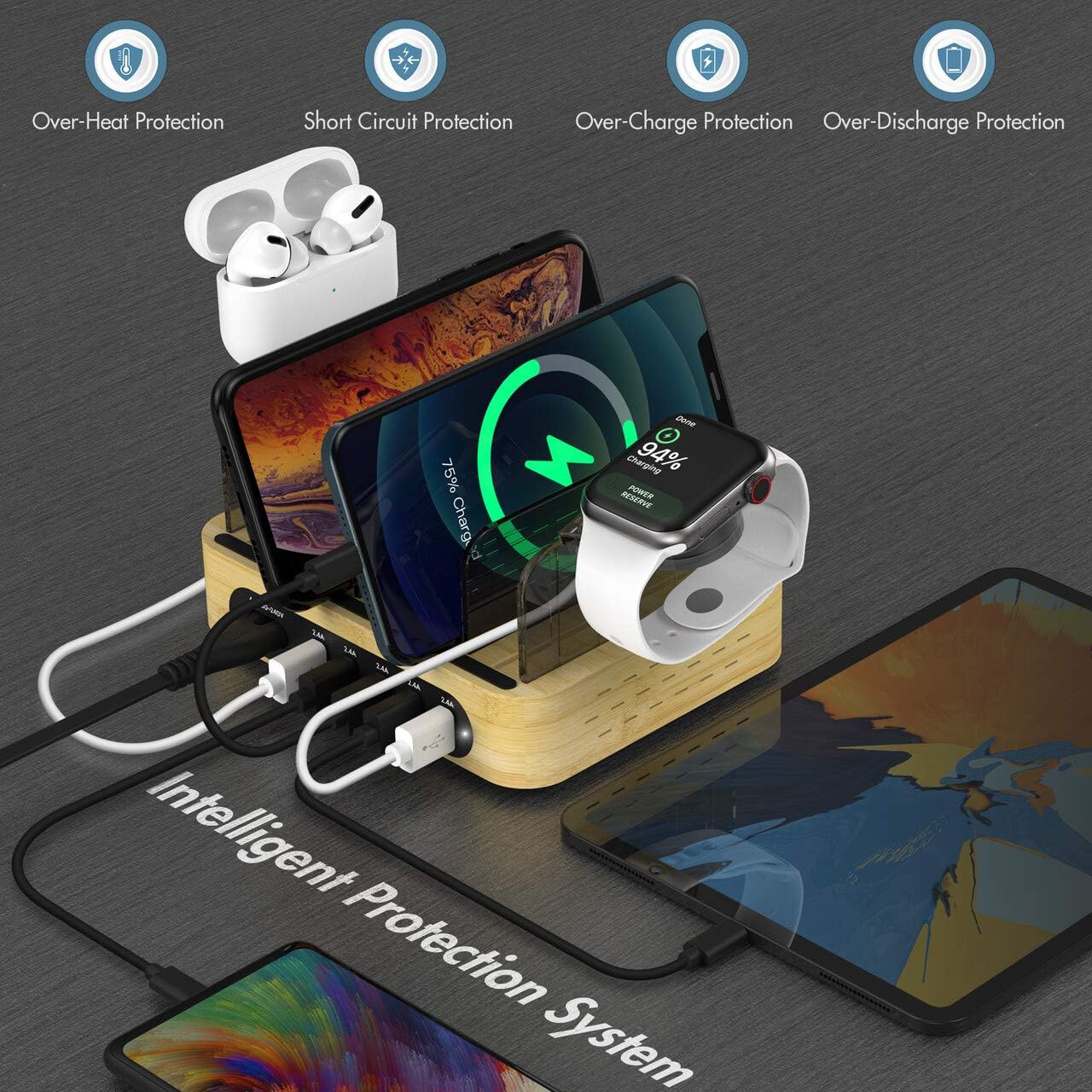 Prоmо 40% оƒƒ Bamboo Charging Station for Multiple Devices, 40W 5-Port Desktop USB Charger, Charging Stand Dock Compatible iPhone 11/Pro/Max, Galaxy S9/S8, iPad, Tablet and More (5 Charging Cables Included)