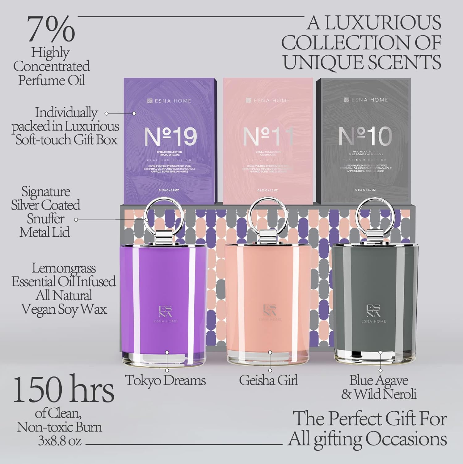 ESNA HOME Luxury Trio Gift Set, 3 Full Size Highly Scented Premium Candle, Aromatherapy All Natural Soy with Fabric Ribbon Handles - Designer Shopping Bags - Size 14.5 * 11 inch : Health & Household