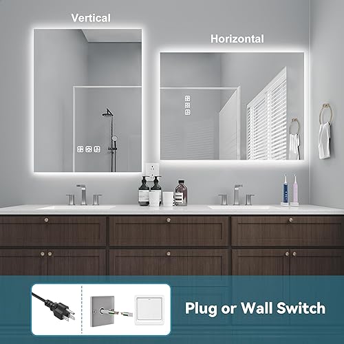 Miniatura 8 de Espejo de baño LED de 32 x 24 pulgadas, retroiluminación brillante, 5 minutos de desempañamiento, espejo de tocador reflejado Full HD montado en la