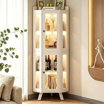 Wood Corner Cabinet with Glass Doors and Anti-Tipping Device
