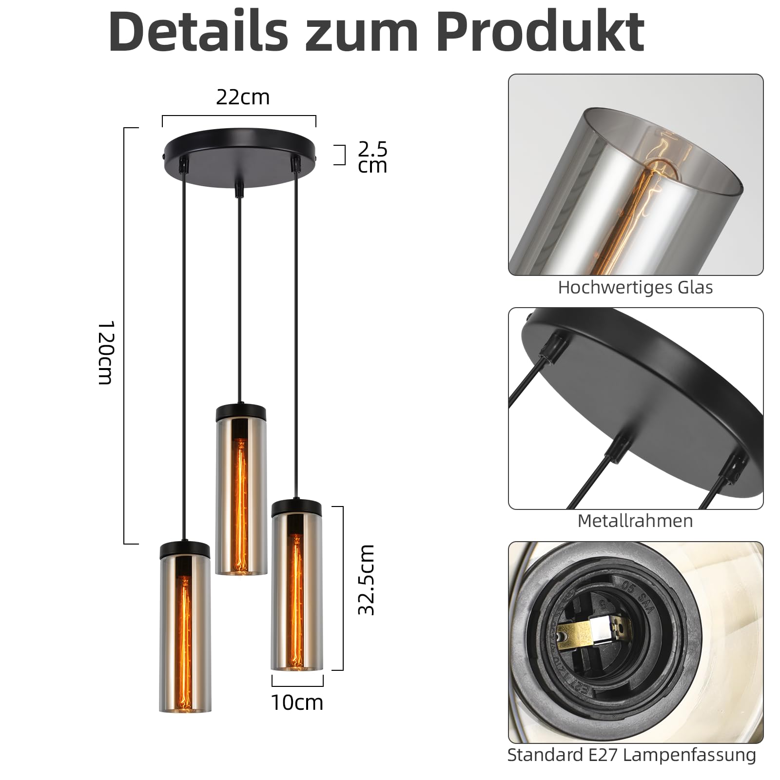 CBJKTX Hängelampe Vintage Hängeleuchte Esstisch-Pendelleuchte 3 Flammig | Glas Esstischlampe Industrial E27 Esszimmerlampe Höhenverstellbar Pendellampe Hängend für Küche Wohnzimmer ohne Leuchtmittel