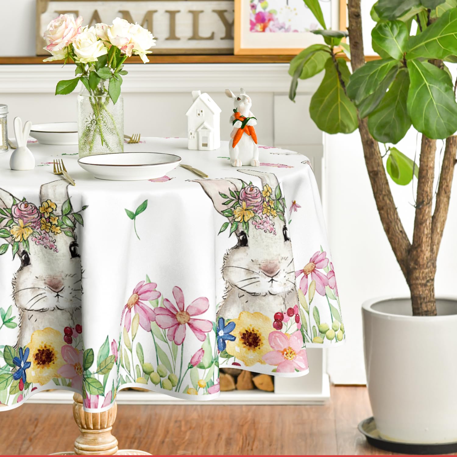 Tovaglia Rotonda A Forma Di Coniglio - Design Pasquale E Primaverile, 120cm, Antimacchia - Per Feste E Tavola - Foto 8