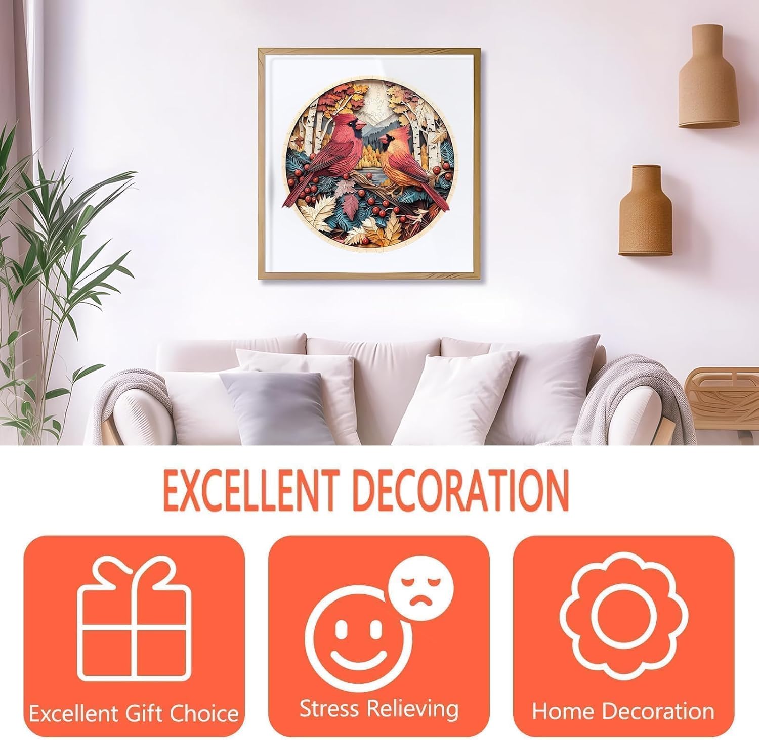 Wooden Puzzles for Adults - Colorful Cardinal Puzzle, Unique Shape Wooden Jigsaw Puzzle, Paper Sculpture Modern Art Home Decor, Wood Puzzles Adult, Good Gift Idea (M-11.4 * 11.4in 200 Pieces)