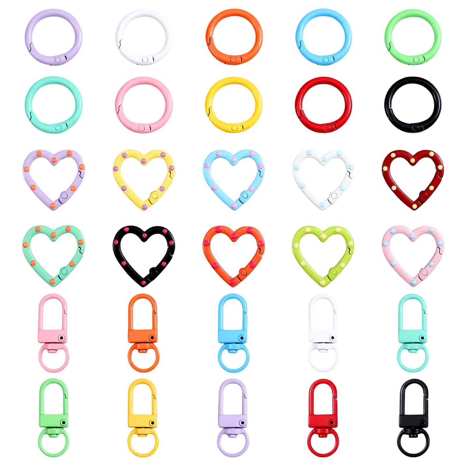 30Pcs Keyring Making Kit, Key Ring Hoop, Lobster Clasps, Keyring Clip, Keychain Clasp Set, Keychain Hooks & Colored Key Rings, 10 Colors Small Set, Heart-Shaped Clasps and Spring O Rings for DIY Craft