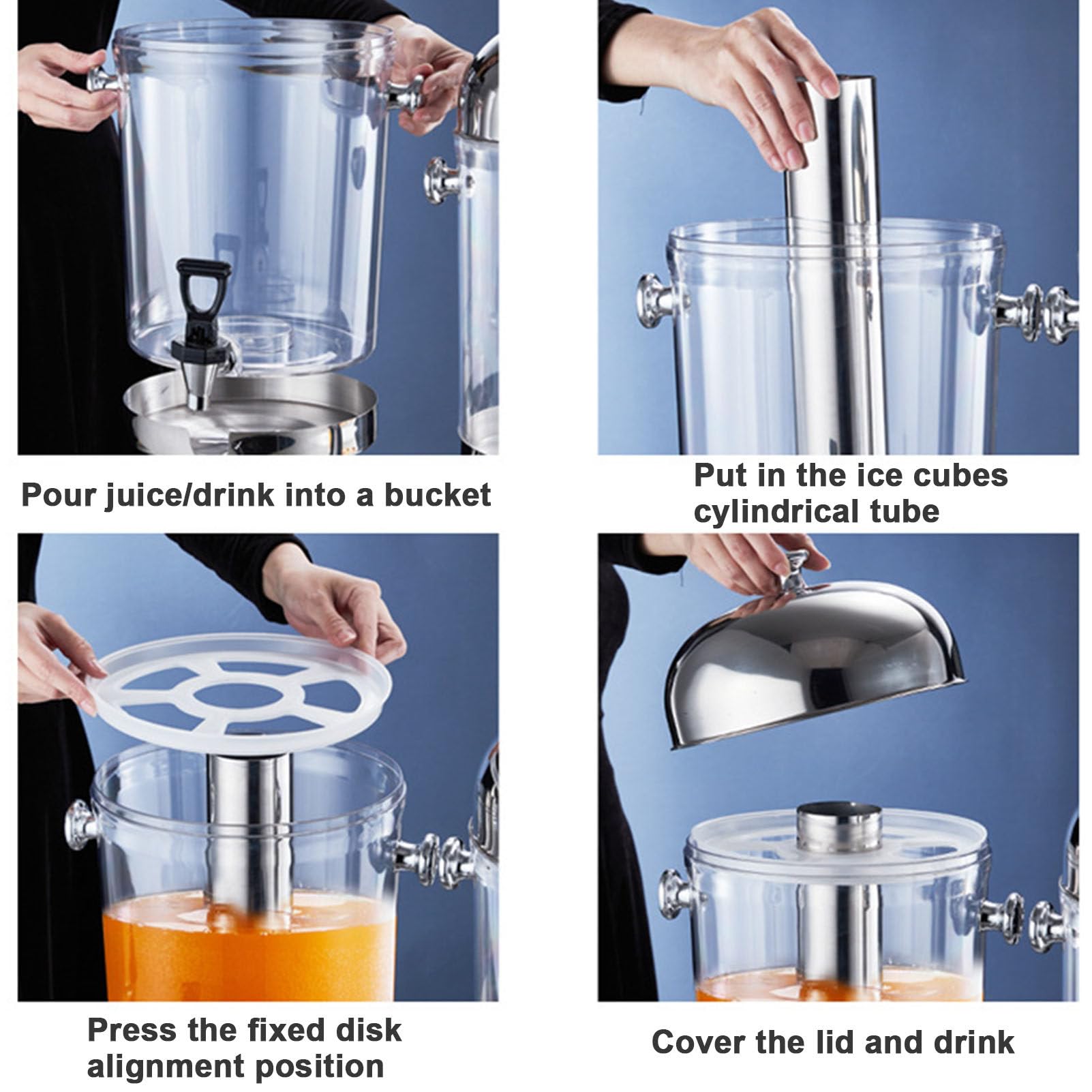 Glas-Getränkespender, handelsüblicher 24-Liter-Getränkespender aus Edelstahl, Wasserhahn, Eiskammer, 3 Köpfe(Gold)