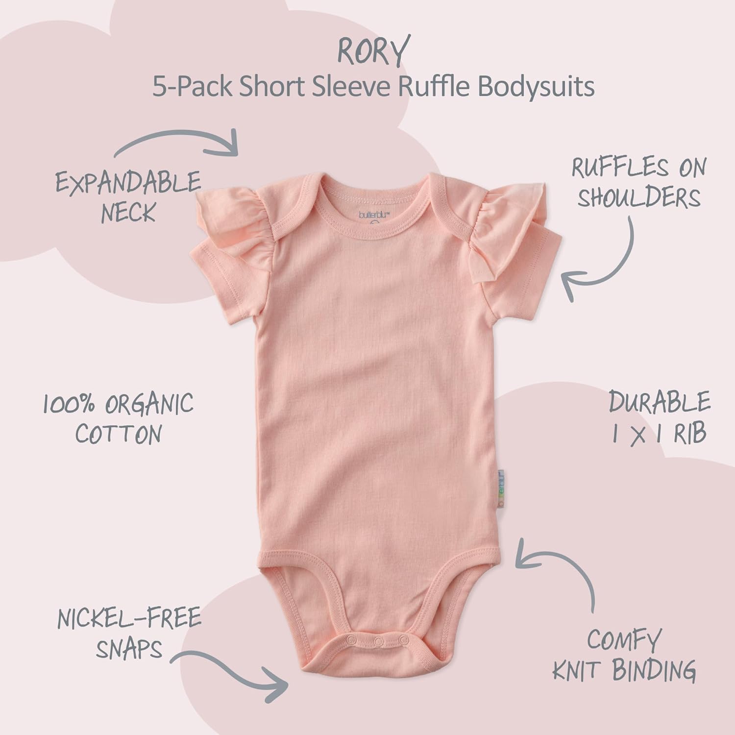 Butterblu baby-girls Rory 5-pack Short Sleeve Ruffle Shoulder Bodysuits 100% Organic Cotton for Baby Girls - Image 2