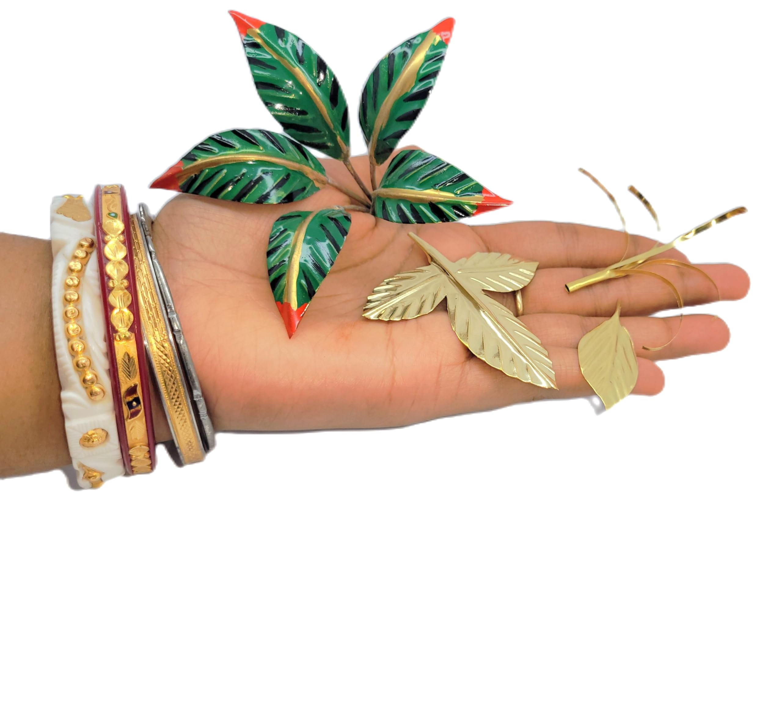 Brass Amra Pallav or Pital Puja Aam Pata, 2 Bel Patta or Bilva Patra, 2 Durba Durva Grass & 2 Tulsi Patta or Tulasi Leaves Set for Pooja (Pack of 7)-image-19