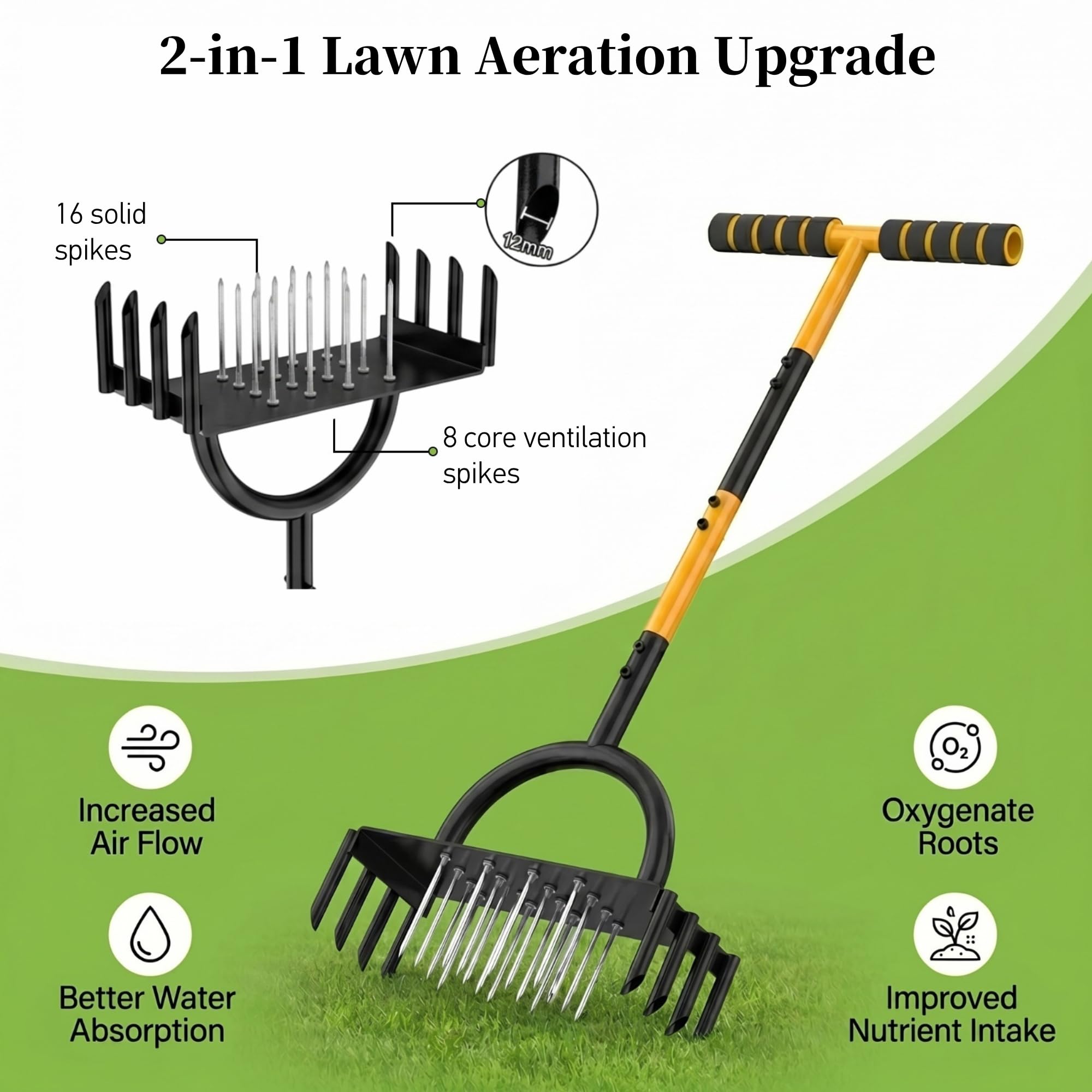 Aireador Manual de césped 2 en 1, con 16 púas y 8 núcleos Huecos, 98 cm, con Barra de Apoyo y Mango en T, Herramienta Ligera para airear césped compactado (Black)