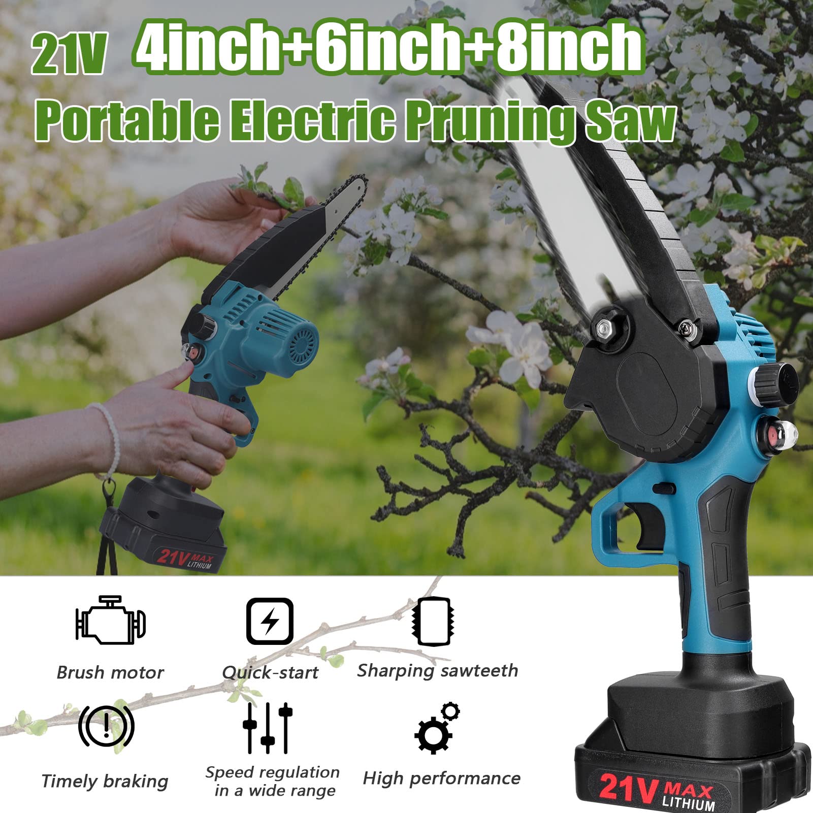 3-en-1 Mini Motosierra Eléctrica de 4/6/8 pulgadas con 2 * 7.5Ah Baterías y Cargador + 3 * Placa de Guía + 3 * Sierra,5 m/s,Motor del Cepillo,Sierra Electrica de Mano para huerto de jardín.