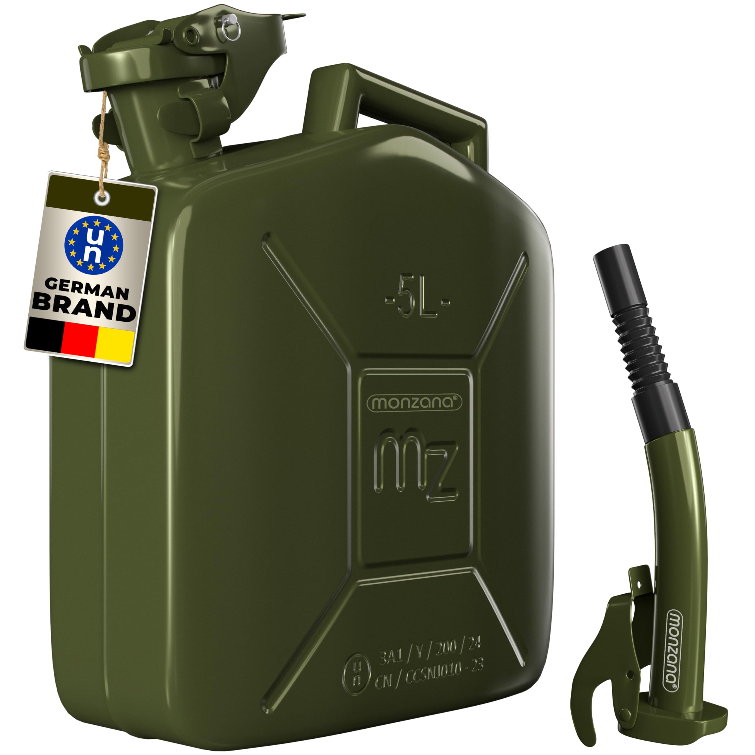 Monzana Green Monzana® 5 Litre Metal Fuel Canister With Spout | 0.9Mm Thick Steel Jerry Can | Leak-Proof Safety Lock | Un-Approved Transport Container | Petrol Diesel Oil Water | Corrosion Resistant Storage |