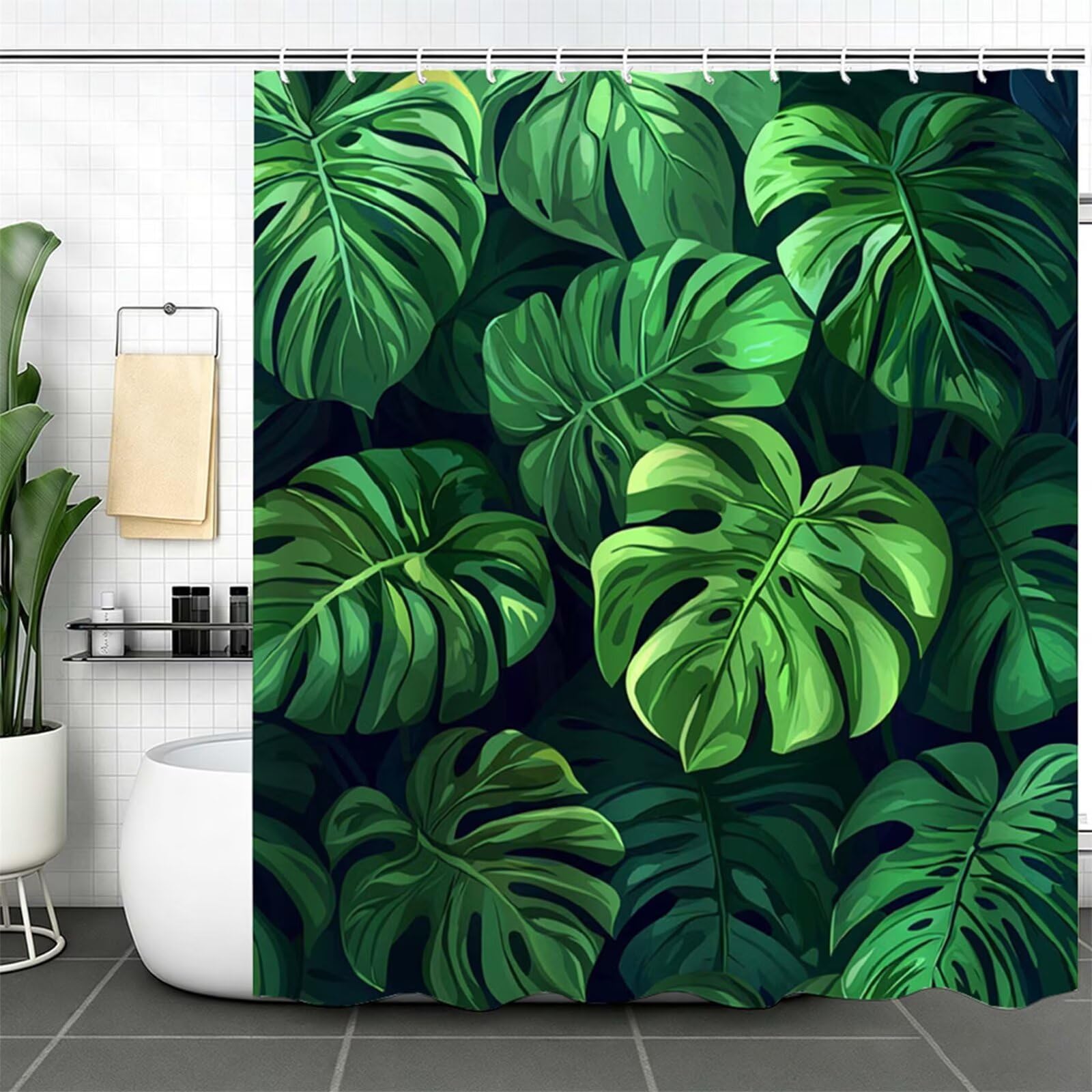 Verde smeraldo Tenda Doccia 240x200cm, Tenda per Doccia Tessuto Poliestere Impermeabile Asciugatura Rapida con 12 Anelli, Tende Finestra Bagno e Vasca Pieghevole Shower Curtain Piante tropicali J-588