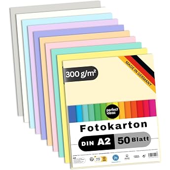 perfect ideaz - 50 Sheets Photo Card DIN A2 10 Colours Sturdy Recycled Card 300 g/m  Made in Germany Blue Angel Certified