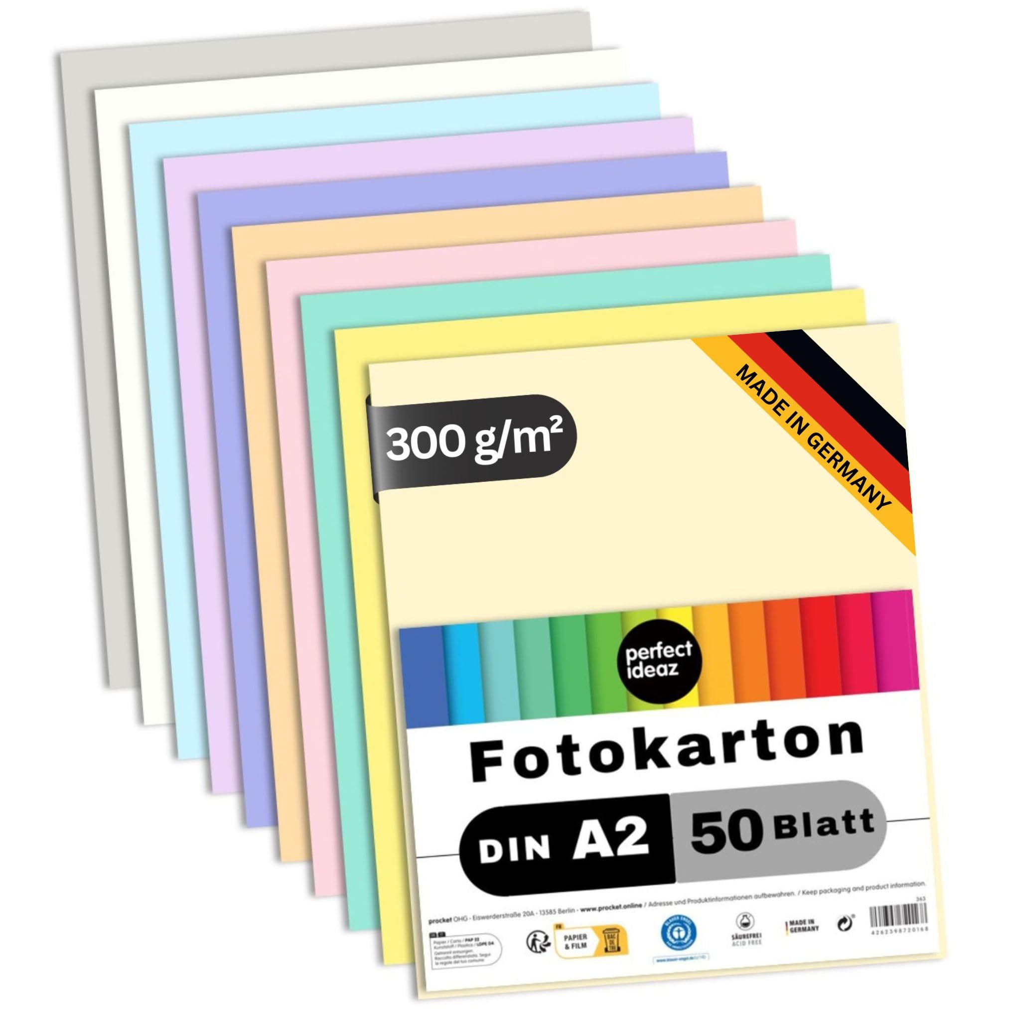 perfect ideaz - 50 Blatt Fotokarton DIN-A2, 10 Farben, stabiler recycling Karton 300 g/m², Made in Germany, Blauer Engel zertifiziert