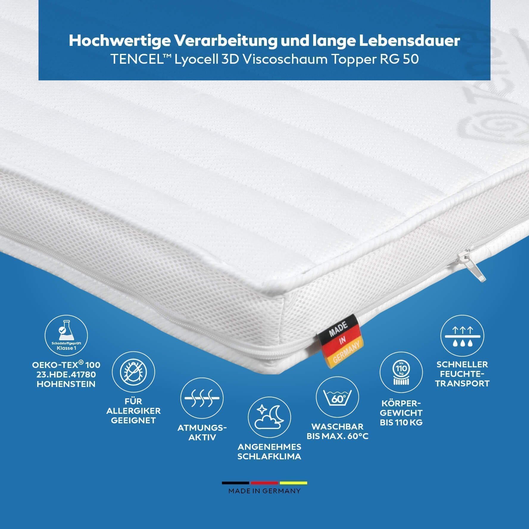 Visco Topper 90 x 190 cm (BxL) - Tencel 3D - Suave - Altura 7 cm - OEKOTEX - RG 50 kg/m³ - Fabricado en Alemania