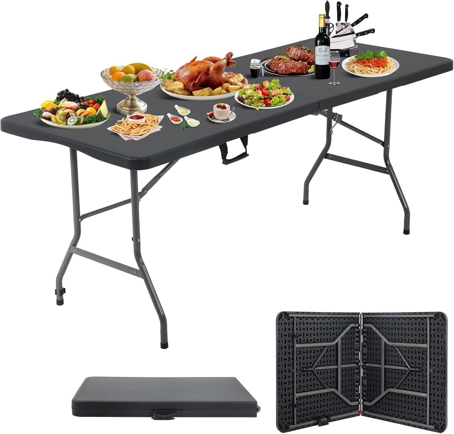 HKLGorg Folding Table, Heavy Duty Plastic Folding Utility Table Indoor Outdoor, Party Dining Tables Easy to Assemble with Lock Function (Black, 6 FT)