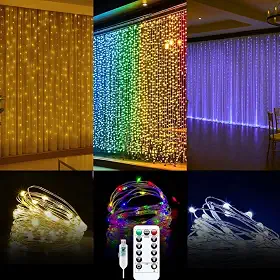 Cortina 300 Led 3x3m Pilha Branco Quente Temporizador 8 Modos LuvinCo