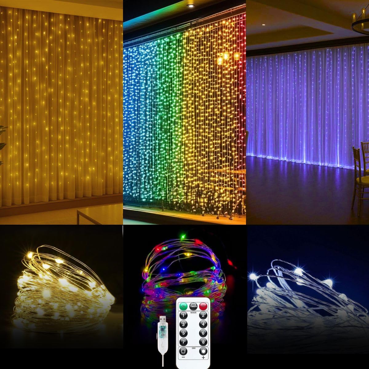 Cortina 300 Led 3x3m USB Colorido Branco Frio 8 Modos USB Temporizador LuvinCo Imagem 1