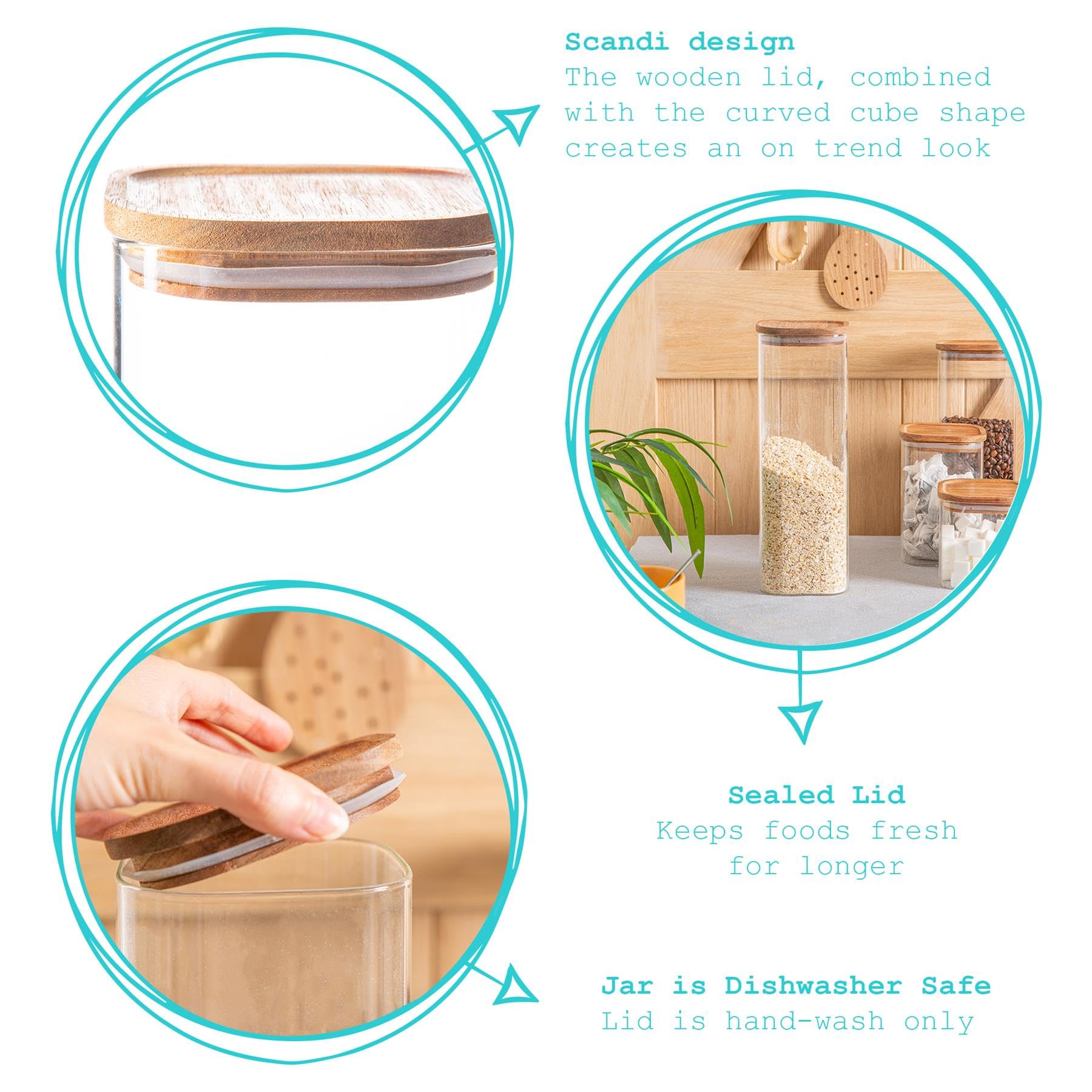 Argon Tableware Bonnet de Rangement en Verre carré avec couvercles en Bois - Cuisinière de Cuisine Moderne Cuisinière - 2,2 litres - Pack de 3
