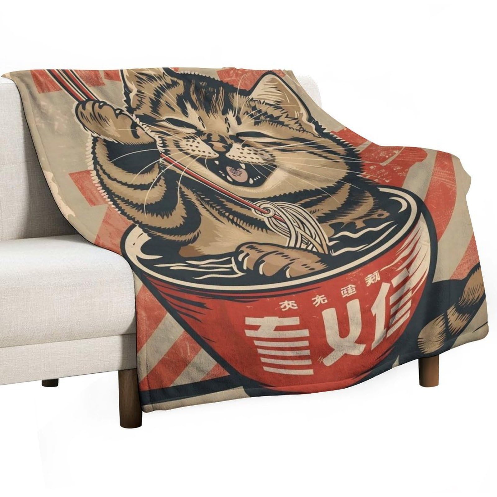 YHGSREUOH Cat-Eating-Ramen_01 Flannel Blankets Fleece Soft Throw Lightweight Plush Gifts for Couch, Bed, Cozy Sofa Plush, Chair, Lovers 175x200cm(70x80in)