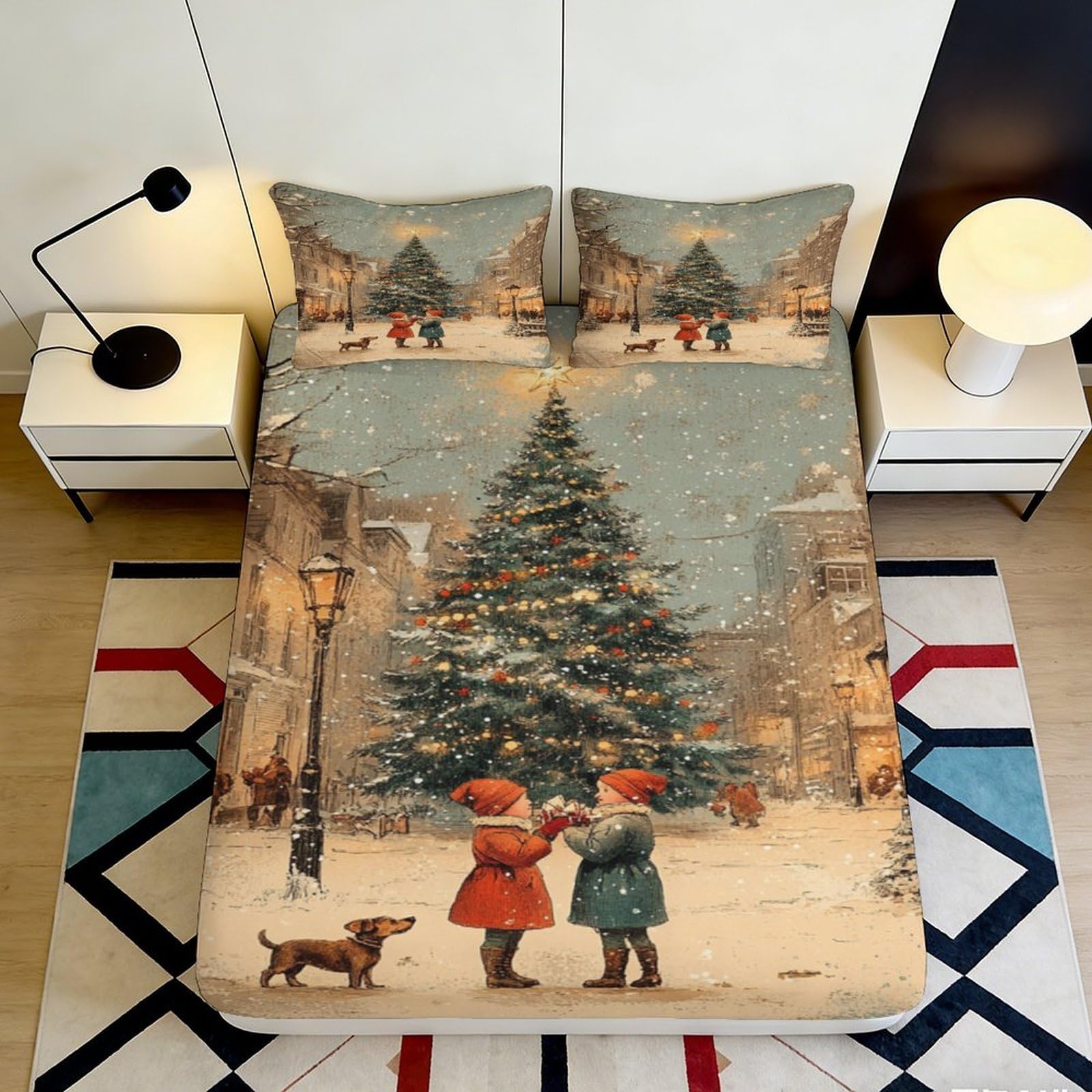3D Printed Christmas Tree Scene Fitted Sheet Microfiber Anti-Slip Bed Cover Winter Snow Village Decor for Bedroom 90x200x25cm