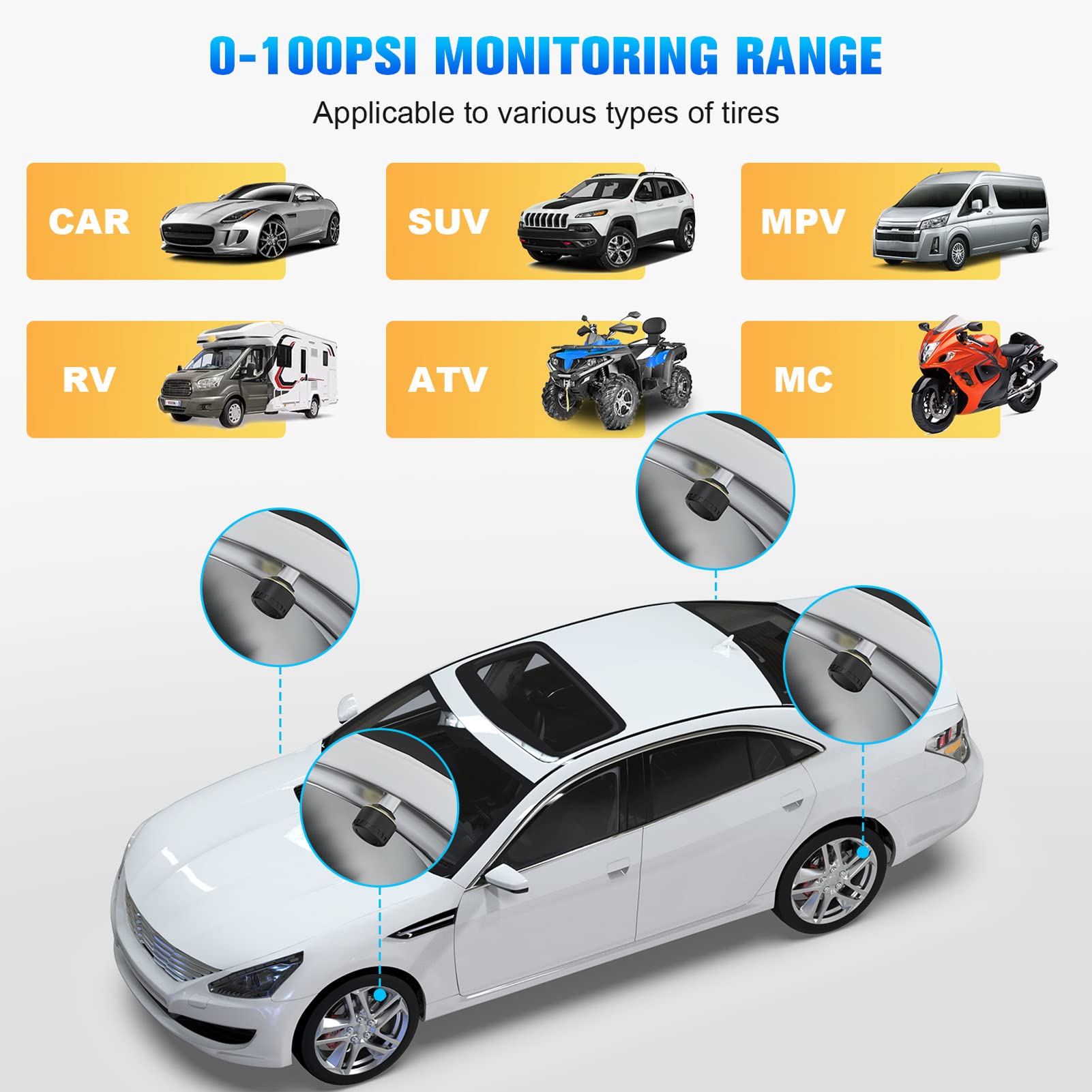 de Monitoreo de Presión de Neumáticos TPMS para Automóvil, Kit TMPS para Automóvil 4 Sensores Externos Visualización en Tiempo Real Presión de Temperatura 0-100PSI para Remolque de