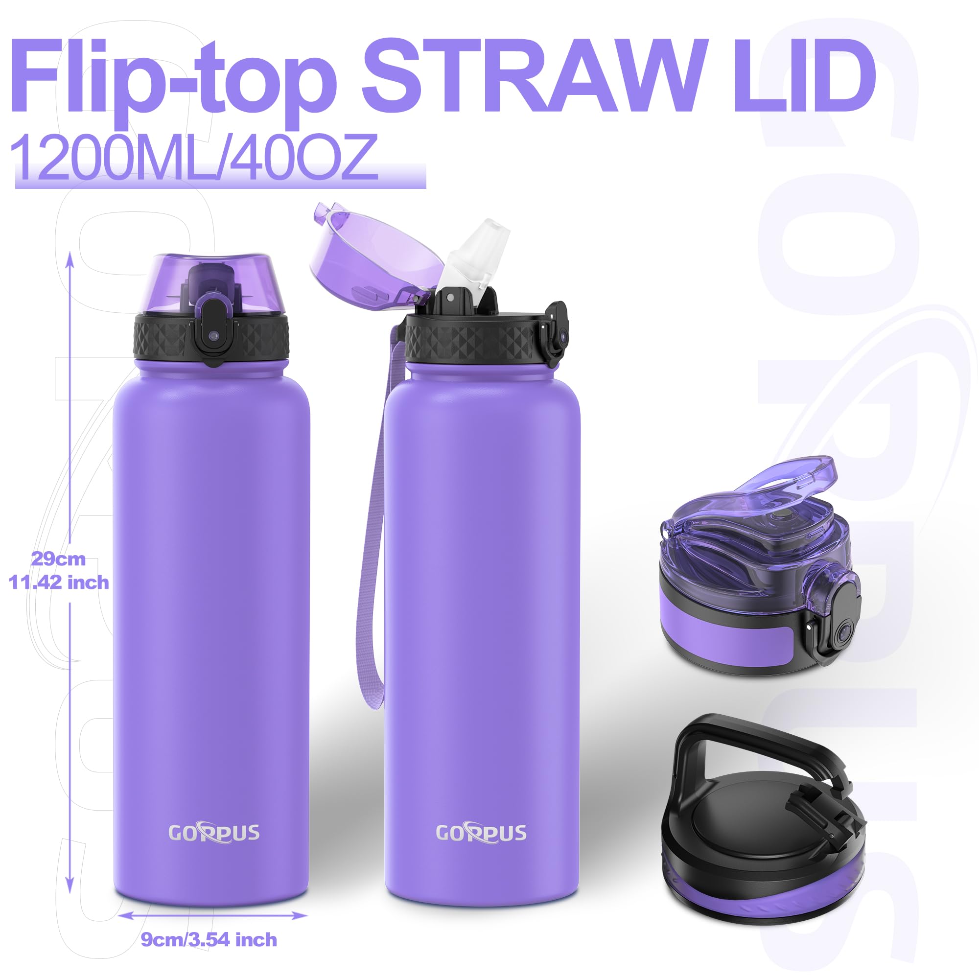 GOPPUS 1.2L/40oz Stainless Water Bottle with Straw Double Wall Insulated Bottles with Strap Large Vacuum Thermal Flask Leakproof Keep Cold Drinks Bottles with Flip Top Lid for Men Women BPA Free - Image 4
