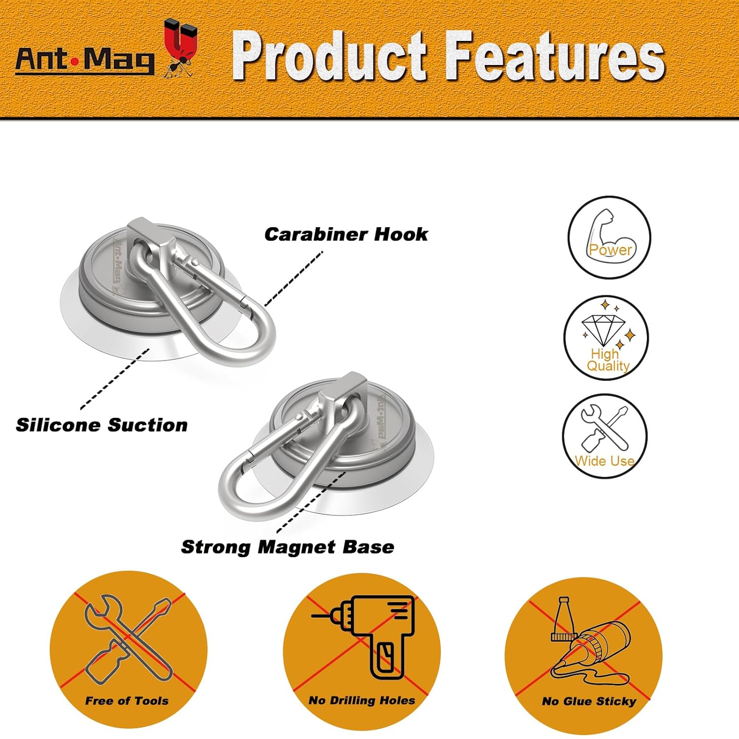 Ant Mag - Carabiner Magnetic Hooks with Anti Slip Suction Base for Enhanced Grip of Side Use with Swivel Snap Hook for Hanging Indoor/Outdoor Grill Kitchen Cabinet Office 2 Pack