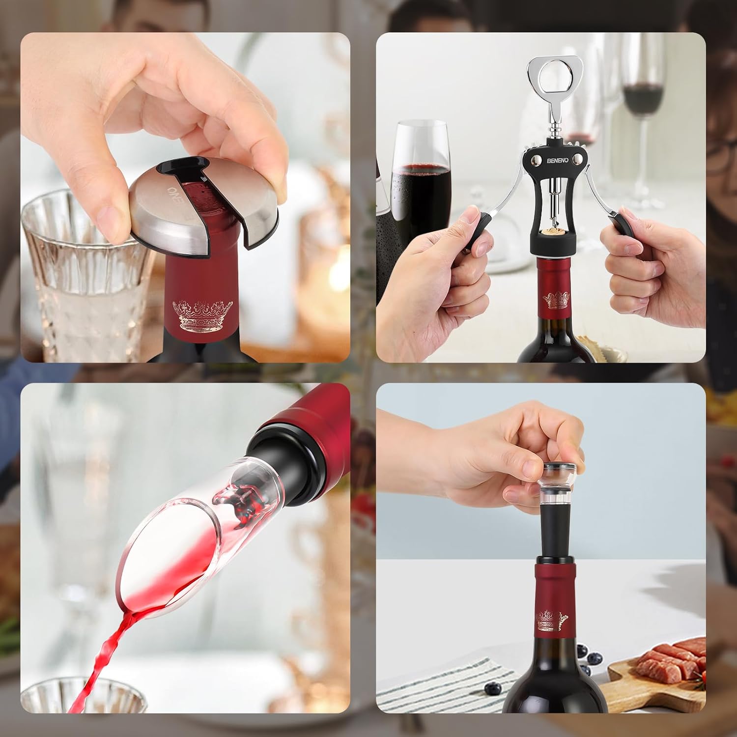 Beneno Multifunctional Wine Bottle Opener Gift Wing Corkscrew, Foil Cutter, Vacuum Stopper & Aerator Pourer, Perfect for Wine Lovers Man Woman, Elegant Black - Image 4