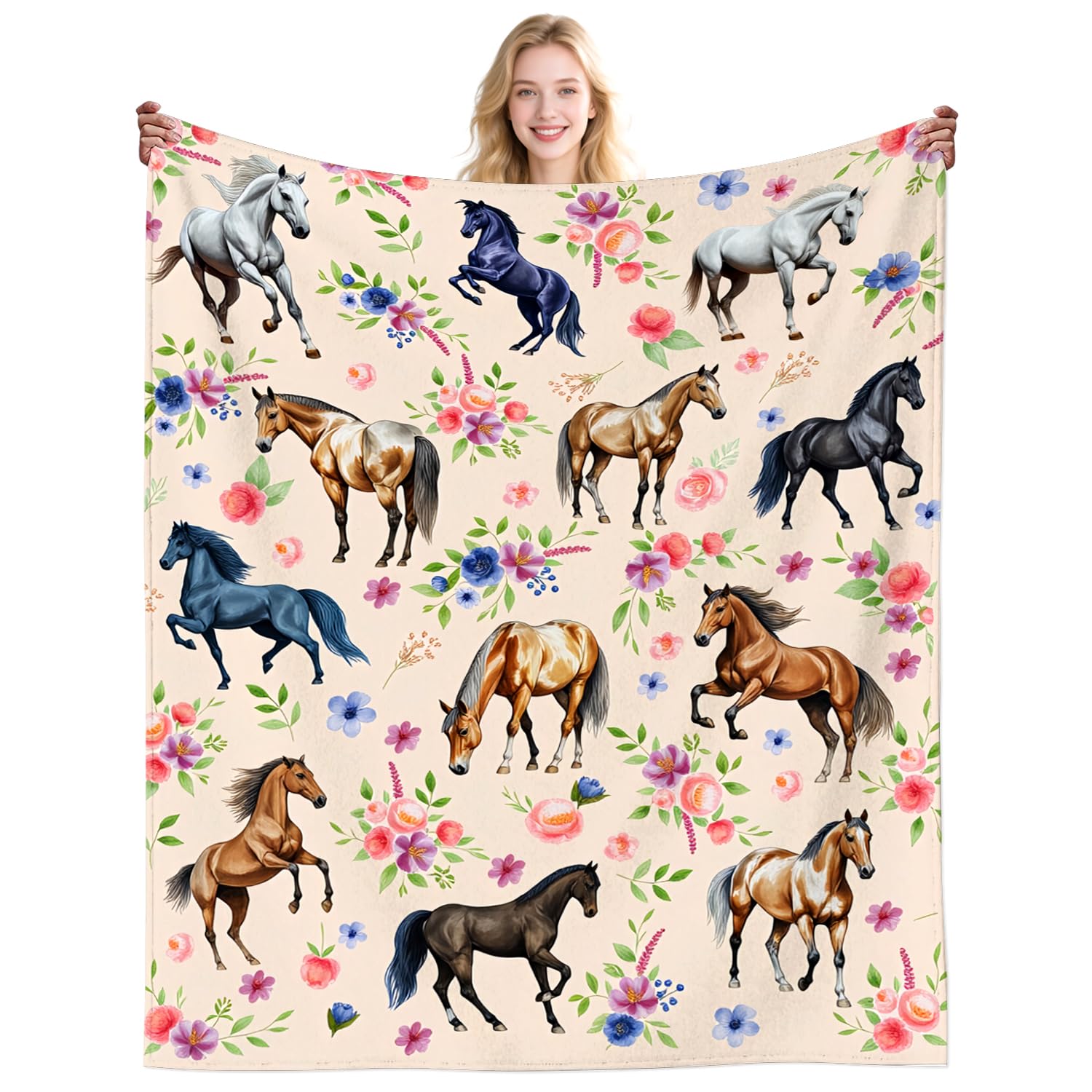 DikoGoGo Floral Horse Blanket Gifts for Women Horse Lovers Stuff Horses Throw Blanket Plush Ultra Soft Warm Bedding Flower Horses Gifts for Women Adults Birthday Party Decorations 60"X50"INCH