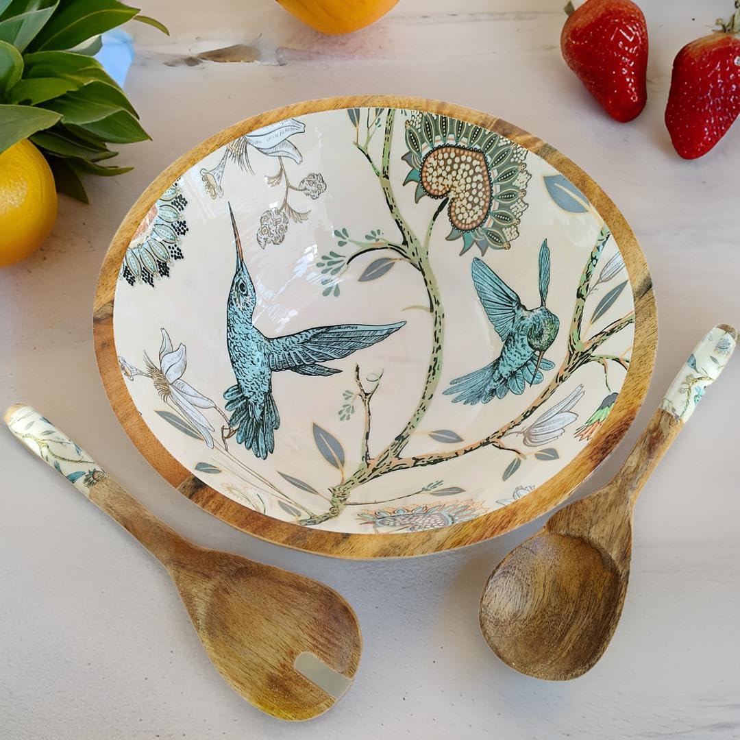 Hartsmede Wooden Salad Bowl 10" with Spoons – Handmade Mango Wood Serving Set with Food-Safe Enamel Interior, Eco-Friendly Fruit or Salad Dish for Kitchen Dining or Housewarming Gift (Hummingbird)